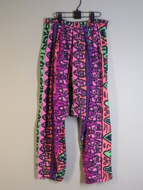 Neon Pink & Green Patterned 80s Parachute Harem Pants Mc Hammer Pants